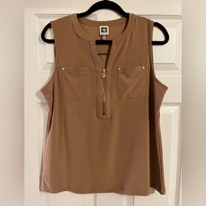 Anne Klein Sleeveless Brown Blouse with Gold Zipper